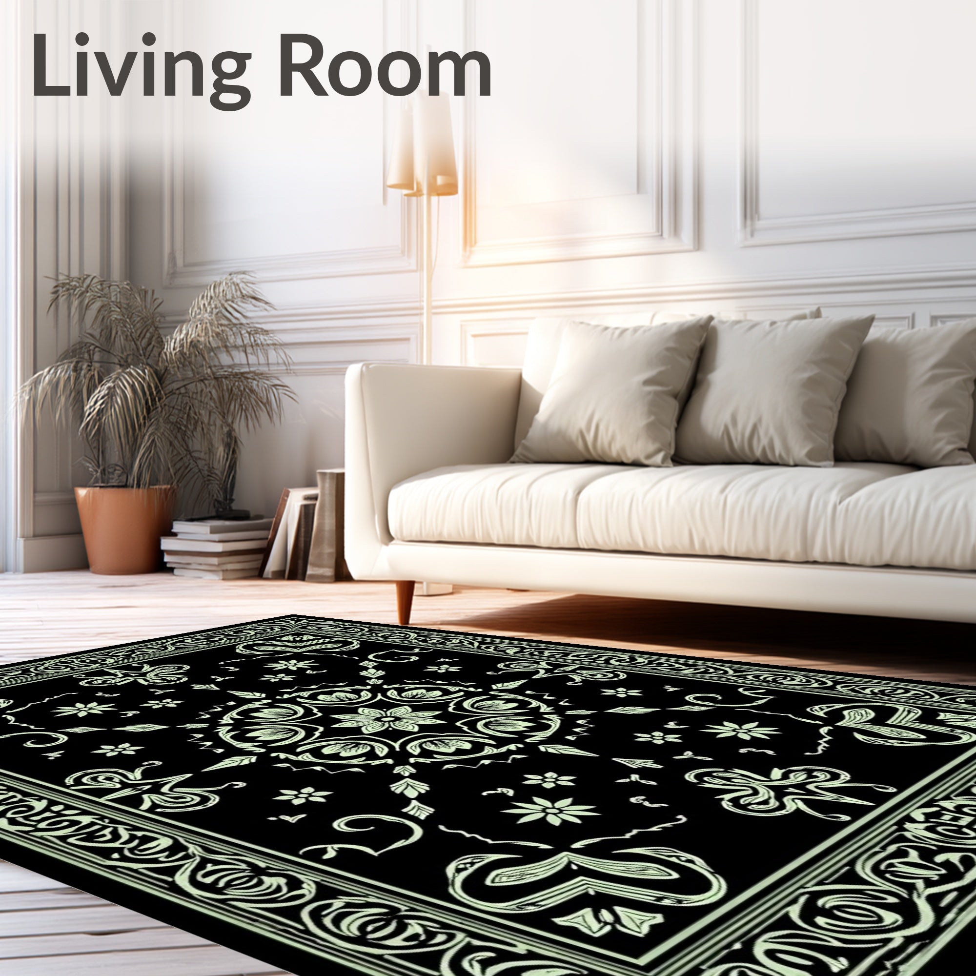 Black Mint Floral Medallion Border Art Rug