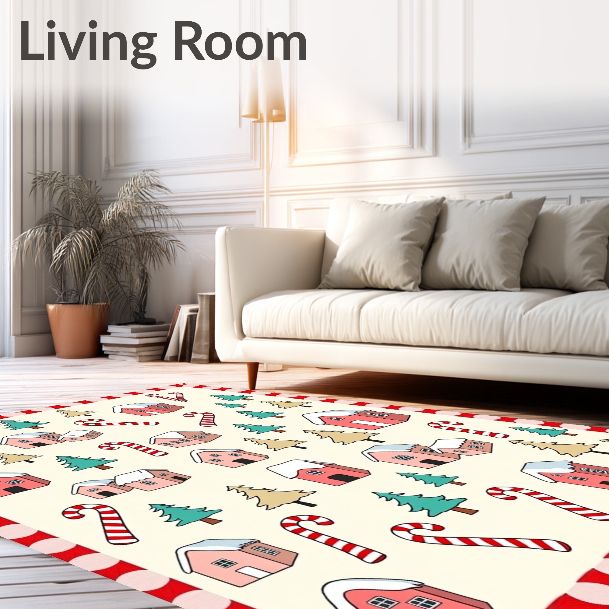 Pink Houses Candy Cane Trees Festive Holiday Rug