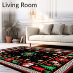 Black Red Green Festive Folk Art Rug