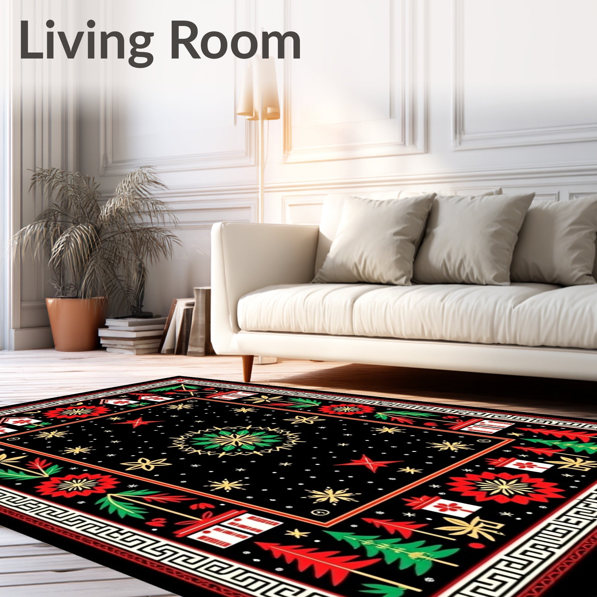Black Red Green Festive Folk Art Rug