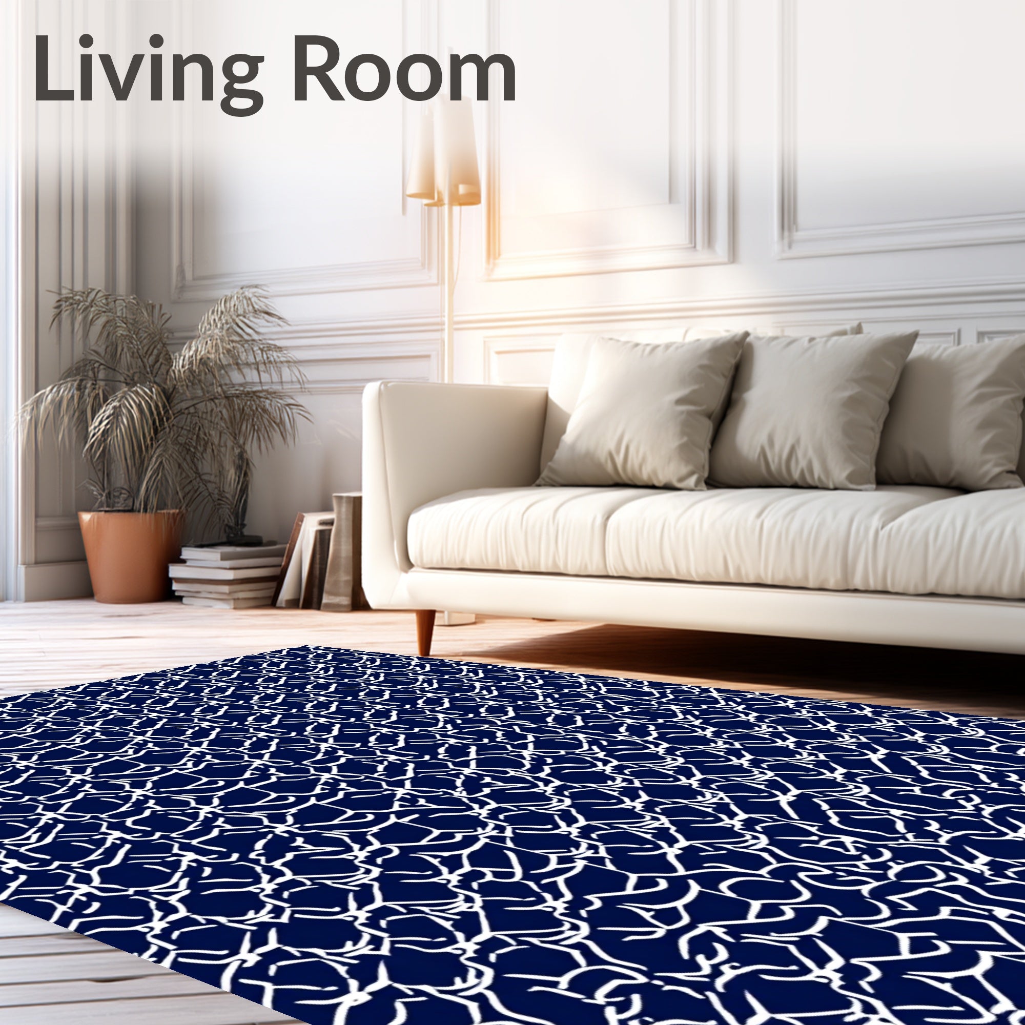 Ink White Abstract Interlocking Geometric Rug