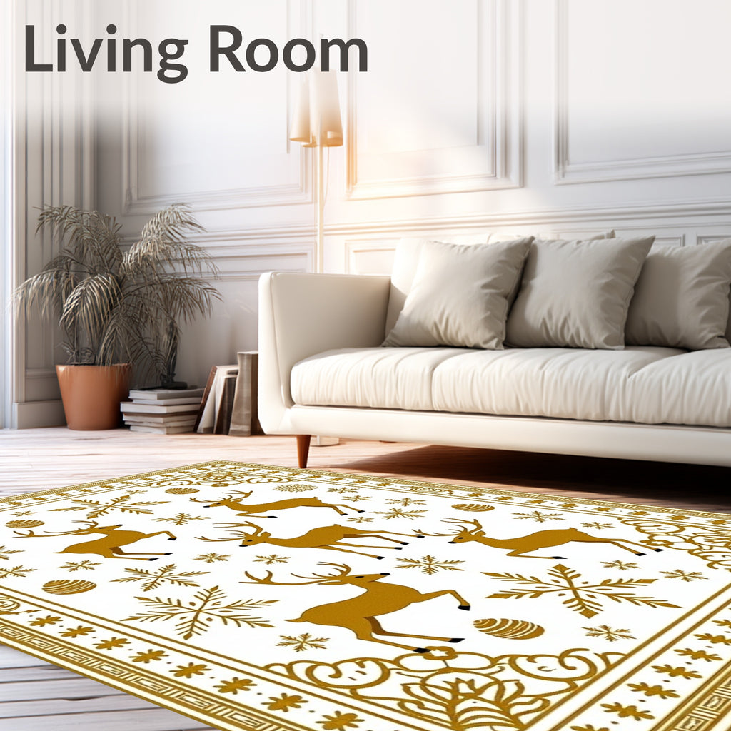 Golden Reindeer Snowflakes Festive Border Rug