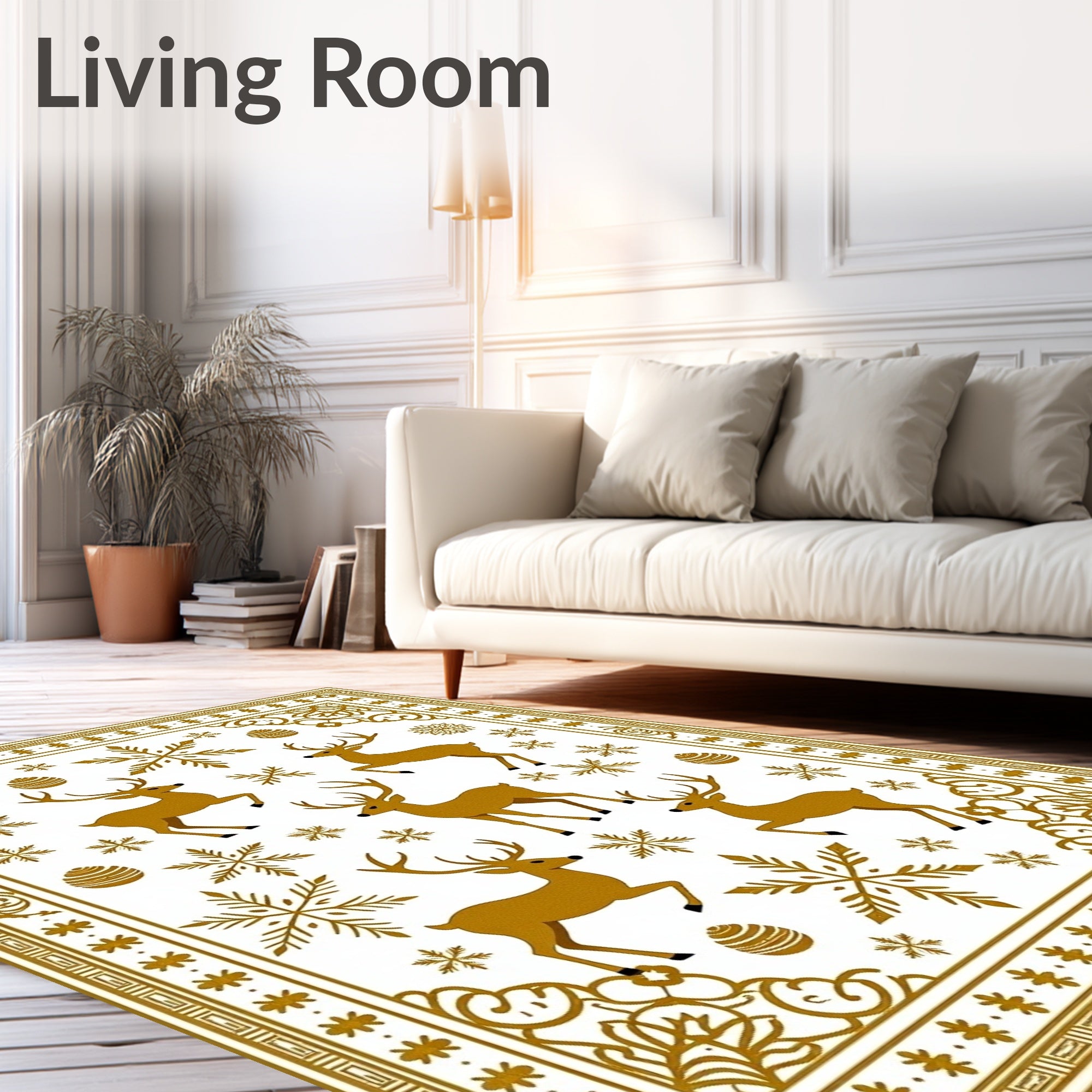 Golden Reindeer Snowflakes Festive Border Rug