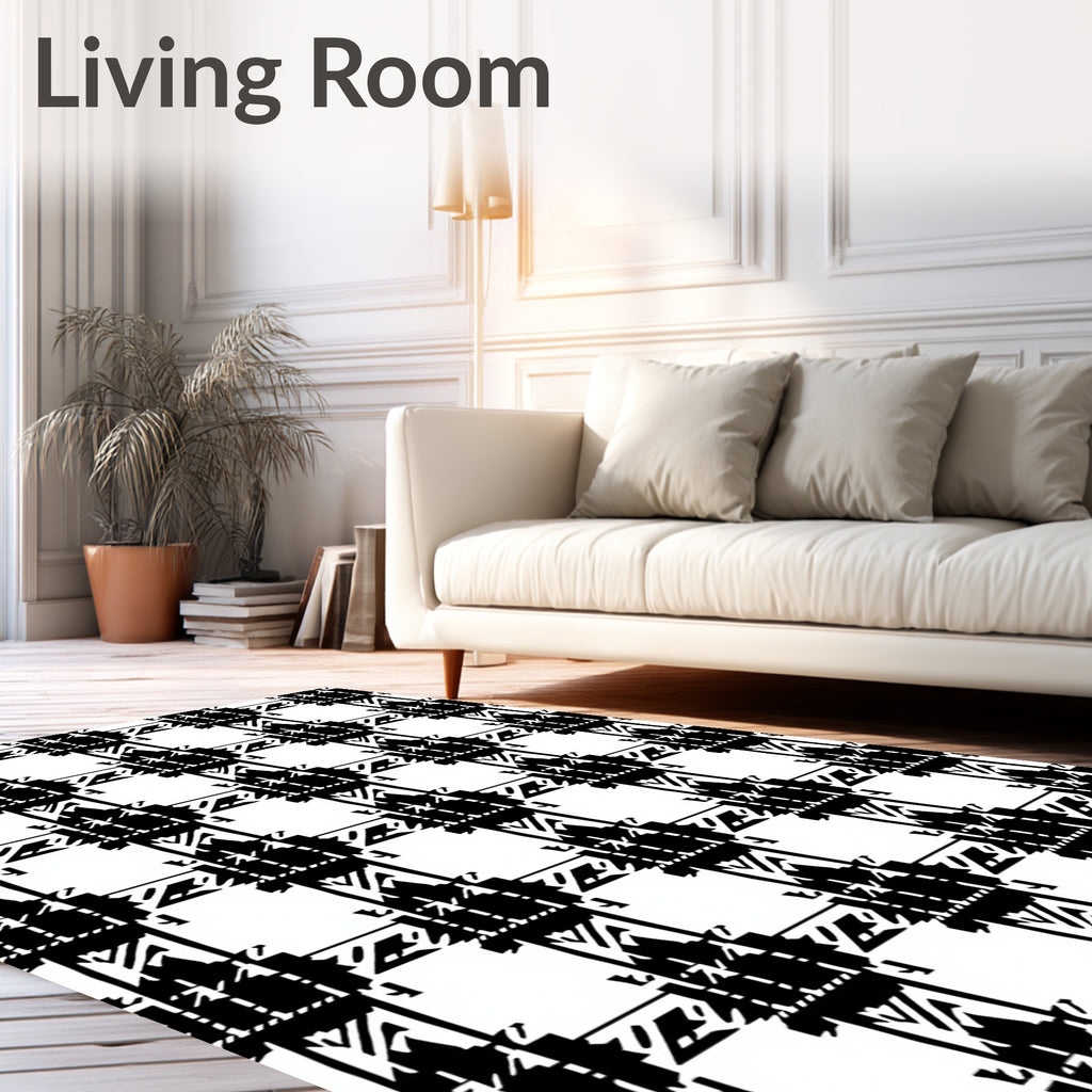 Bold Black White Houndstooth Grid Rug