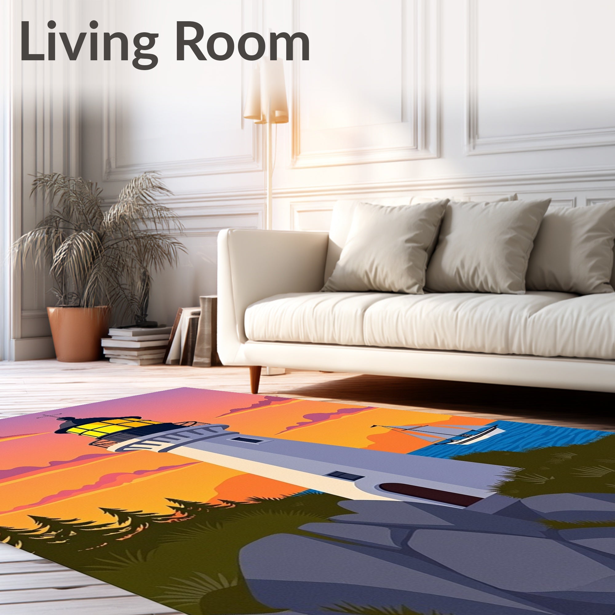 Coastal Sunset Lighthouse Sailboat Scene Rug
