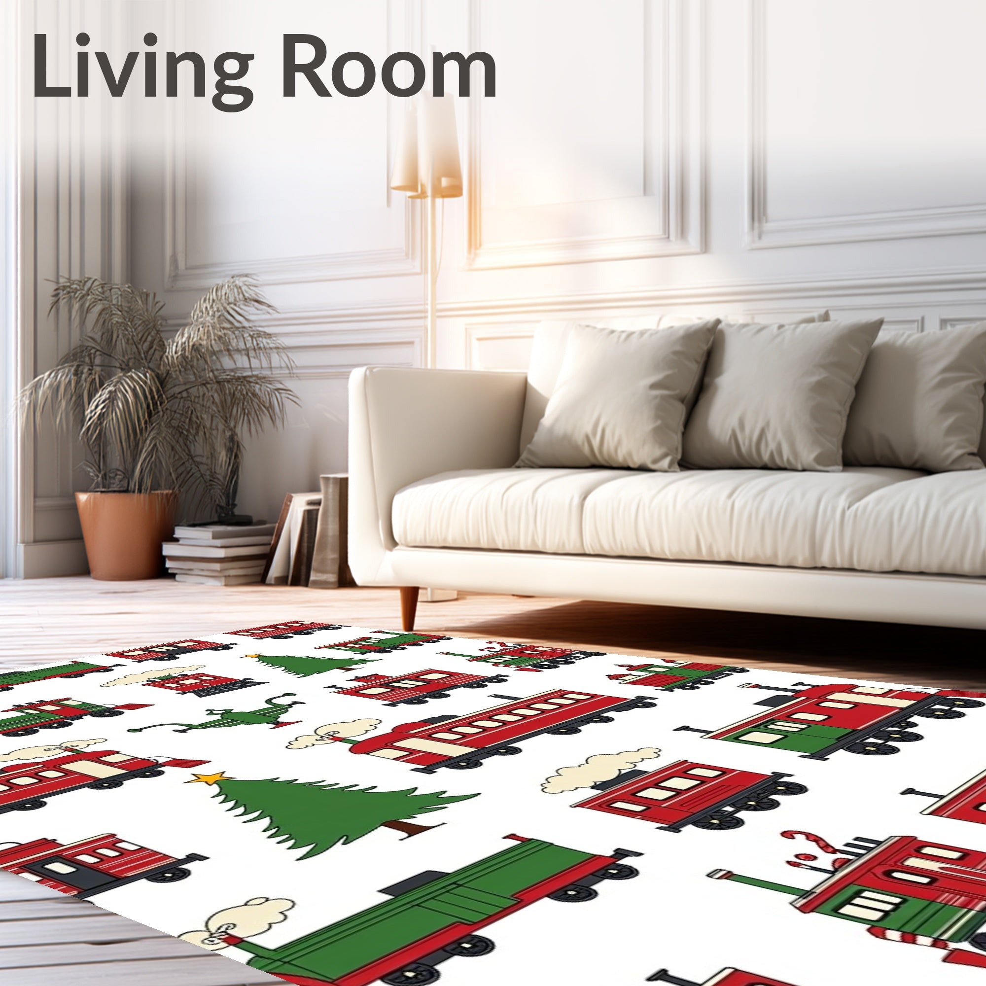 Festive Red Green Train Holiday Motif Rug