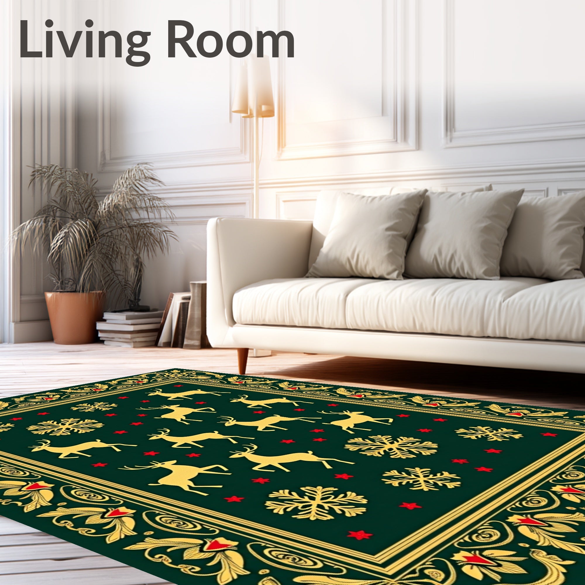 Golden Reindeer and Snowflakes Festive Border Rug