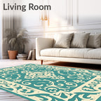 Teal Ivory Ornate Scrollwork Medallion Rug
