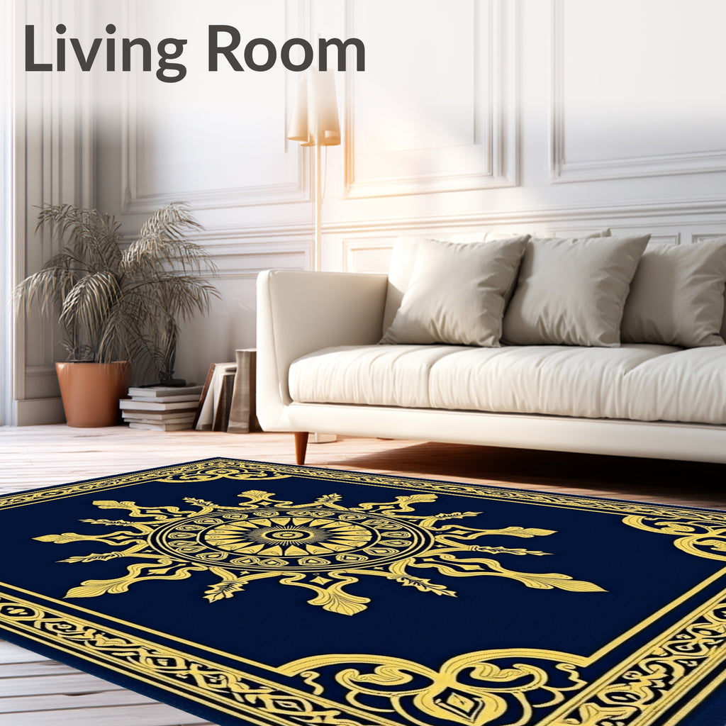Royal Blue Gold Sunburst Medallion Rug