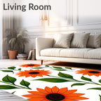 Bold Orange Sunflower Botanical Illustration Rug