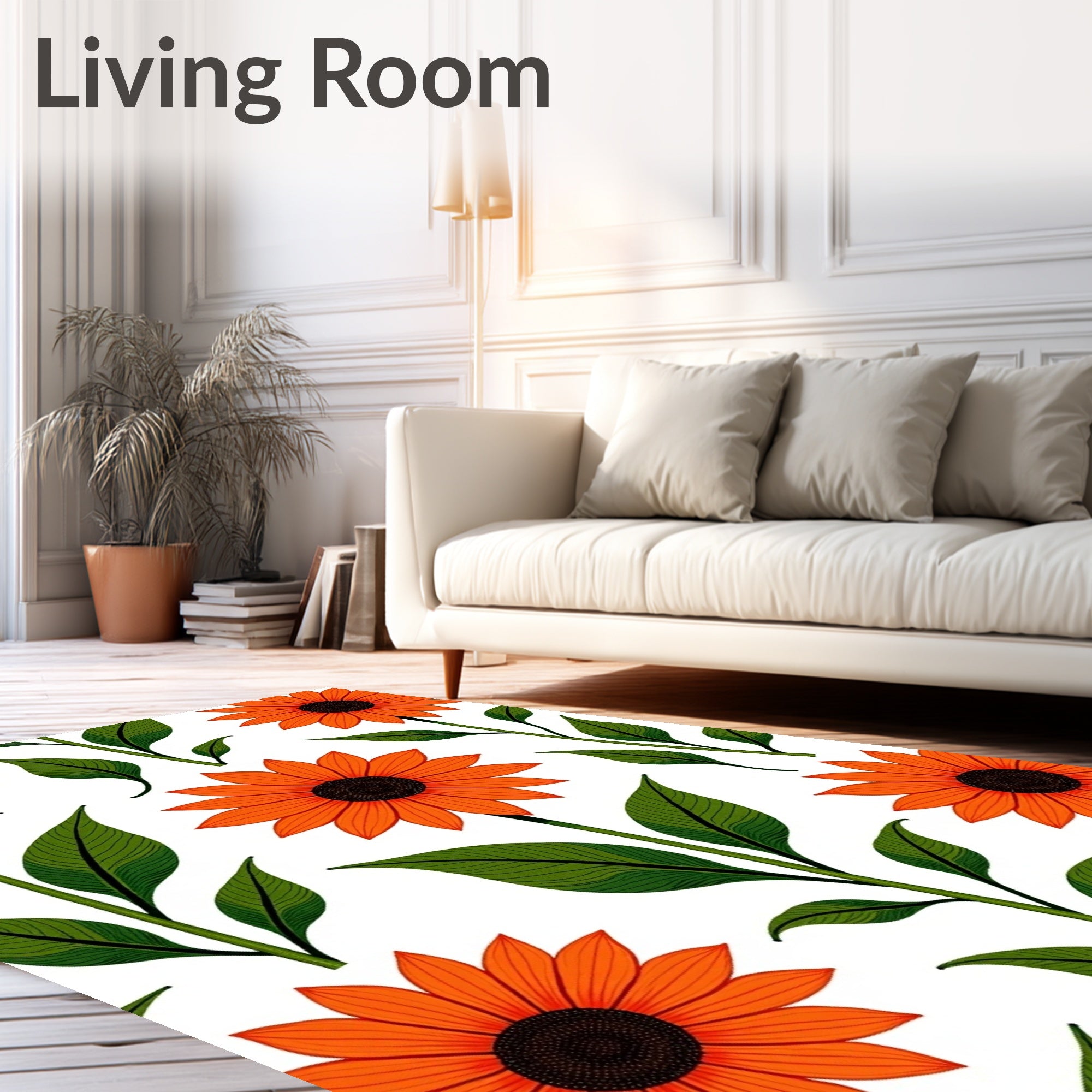 Bold Orange Sunflower Botanical Illustration Rug