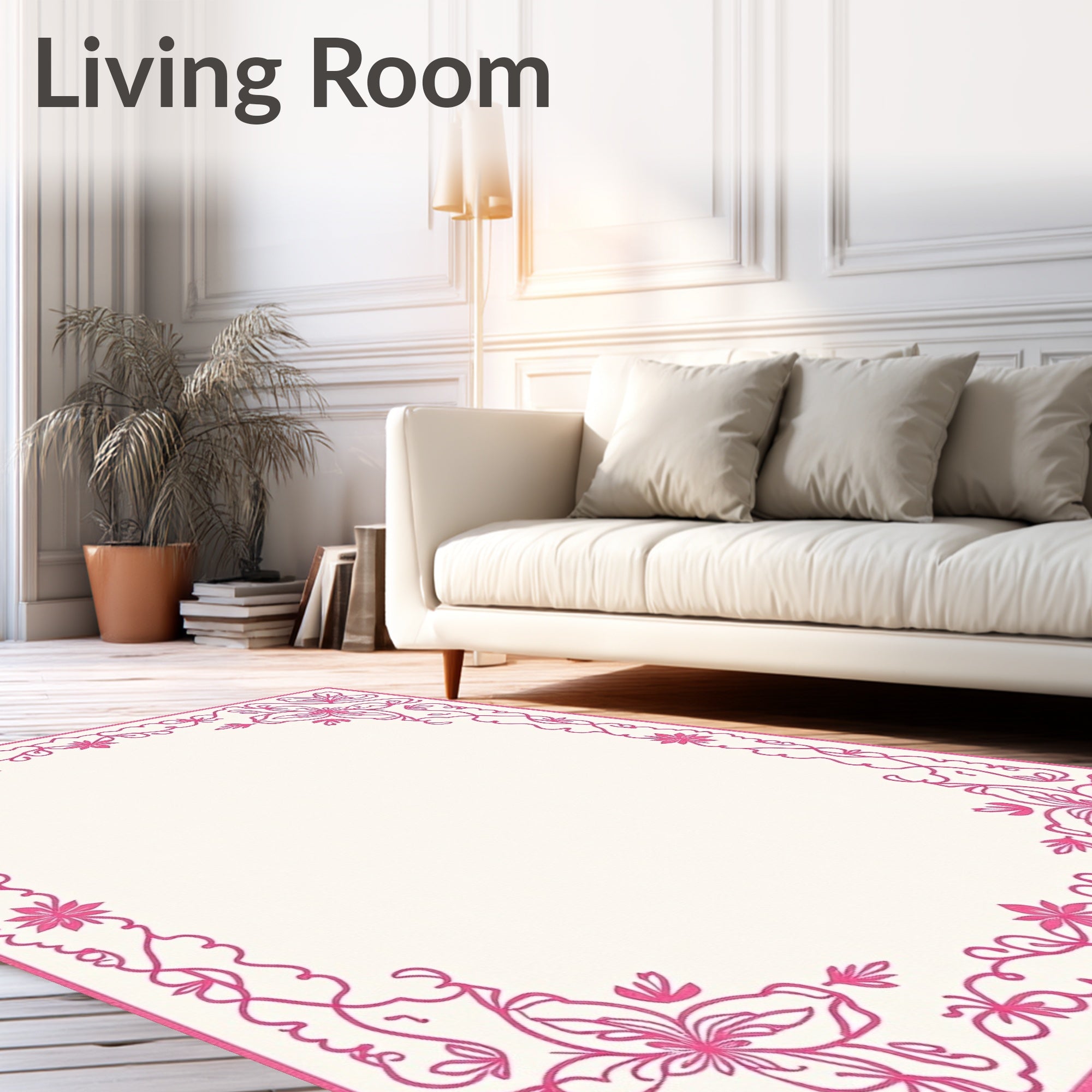 Bright Pink Floral Corner Border Rug