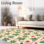 Festive Red Green Poinsettia Cream Cream Rug