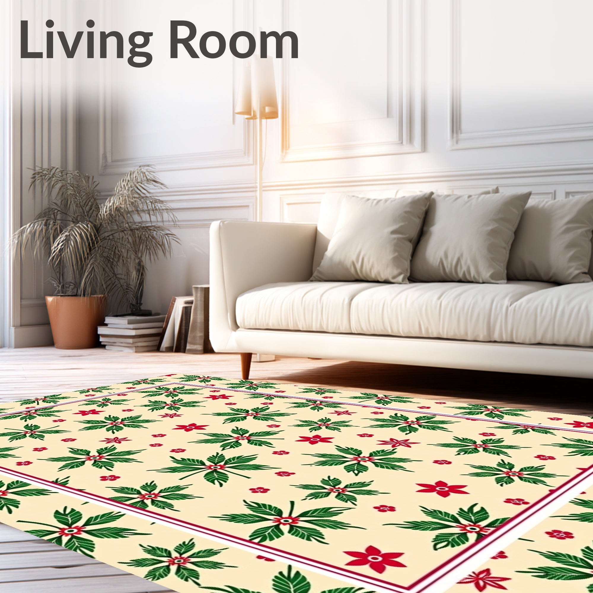 Festive Red Green Poinsettia Cream Cream Rug