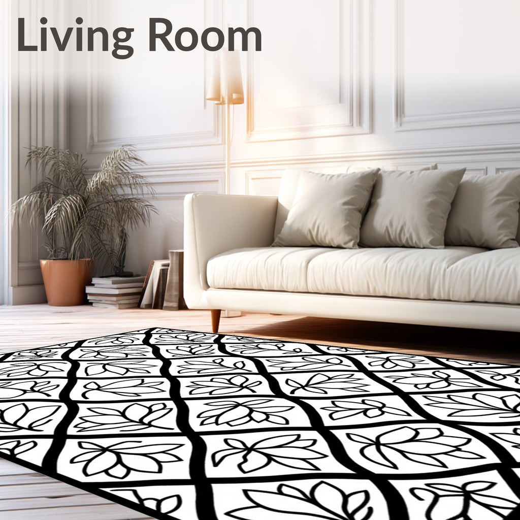 Black White Botanical Lattice Rug