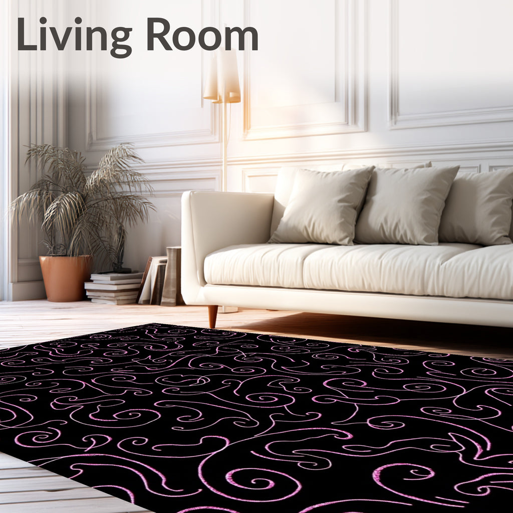 Black Pink Swirl Whimsical Flowing Art Rug