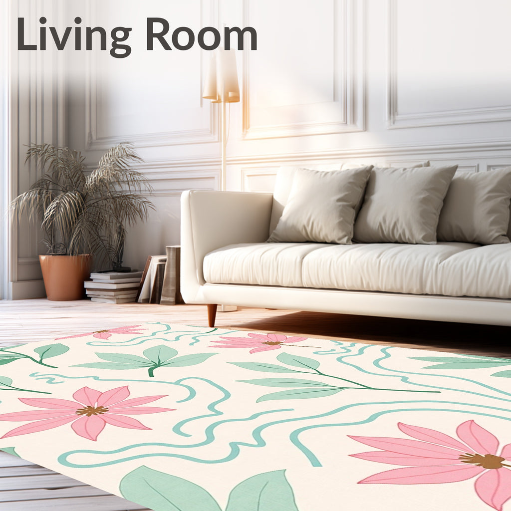 Pastel Pink Floral Mint Leaf Swoosh Rug