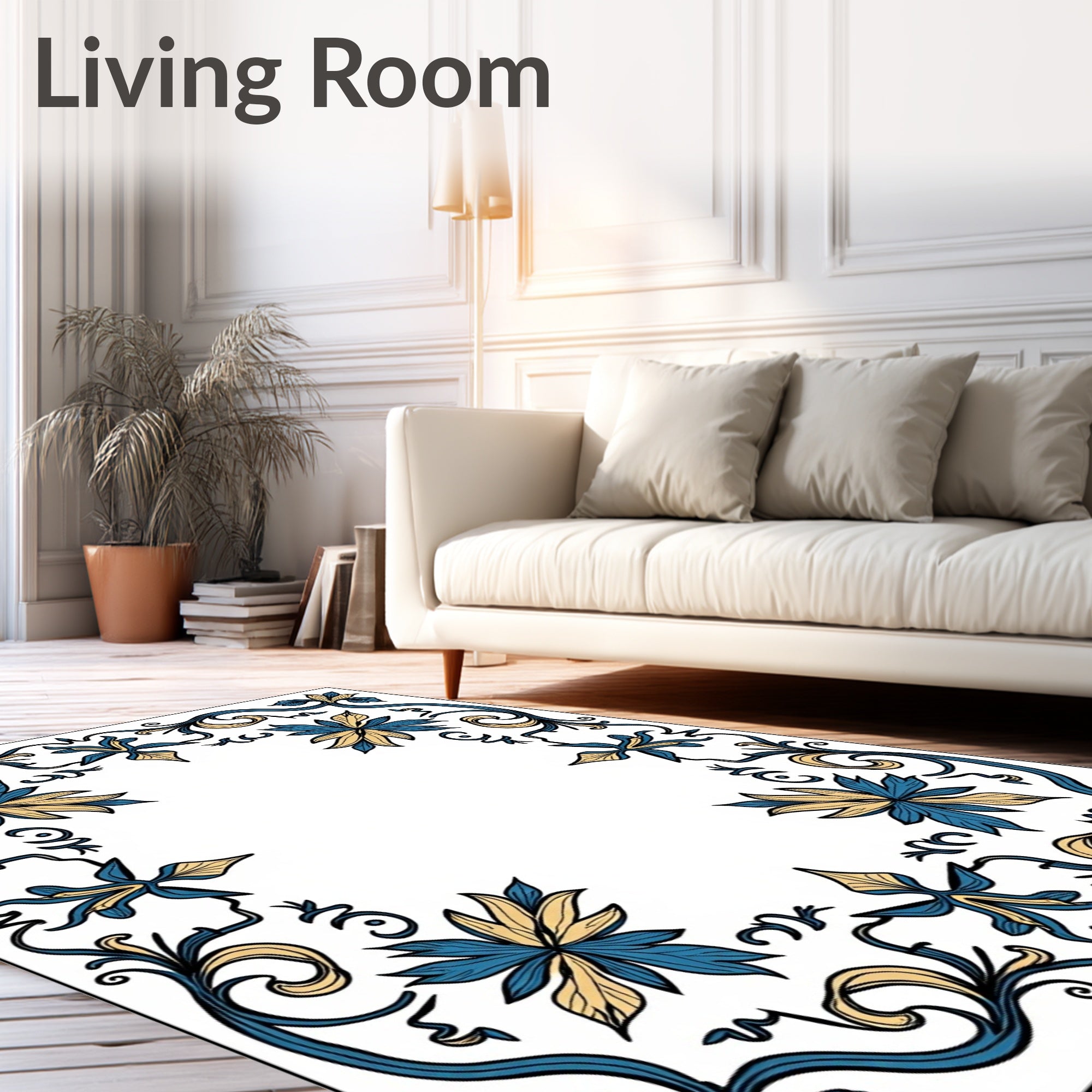 Elegant Teal Gold Floral Filigree Border Rug