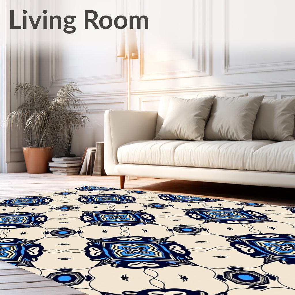 Navy Blue Yellow Quatrefoil Medallion Rug
