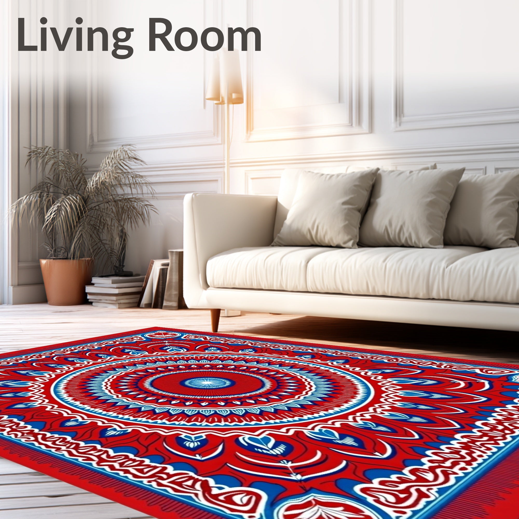 Vibrant Red Blue Mandala Medallion Rug