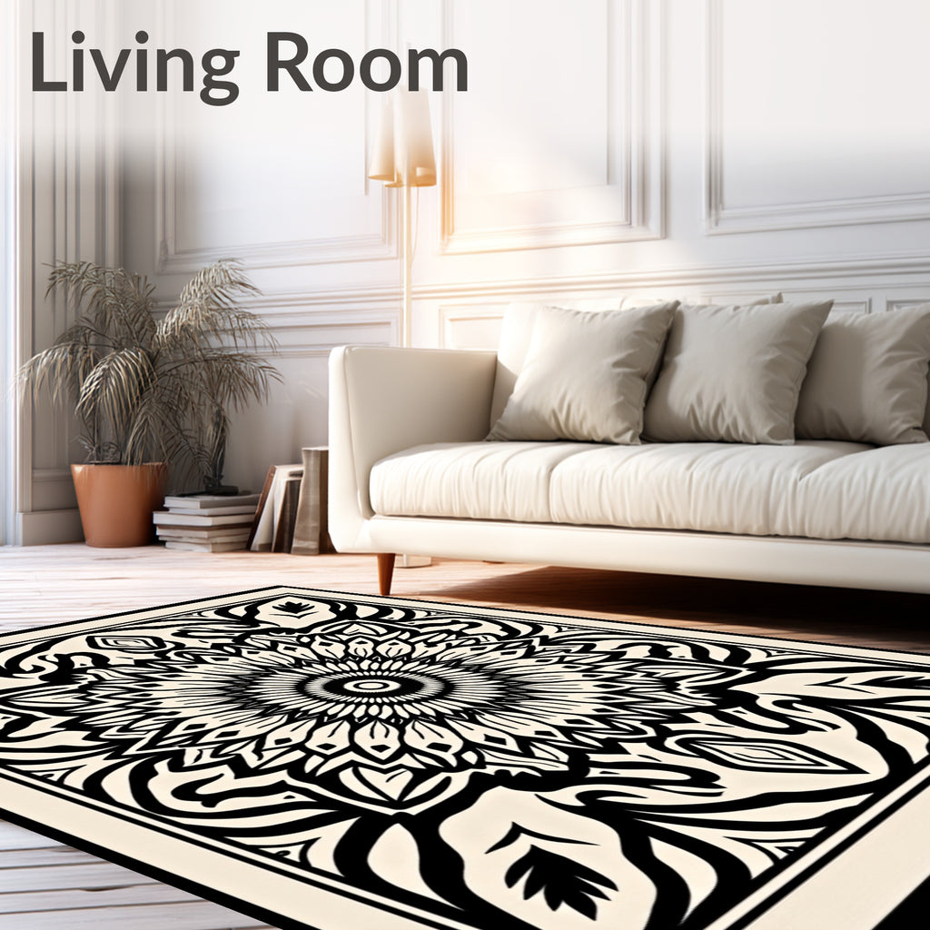 Cream Black Sunburst Mandala Rug