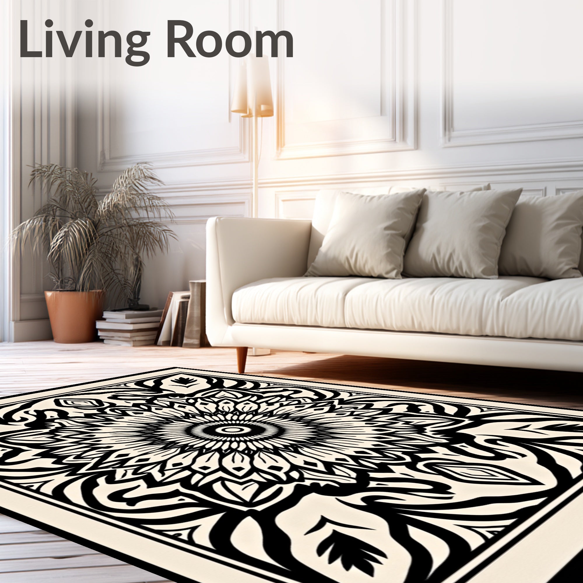 Cream Black Sunburst Mandala Rug