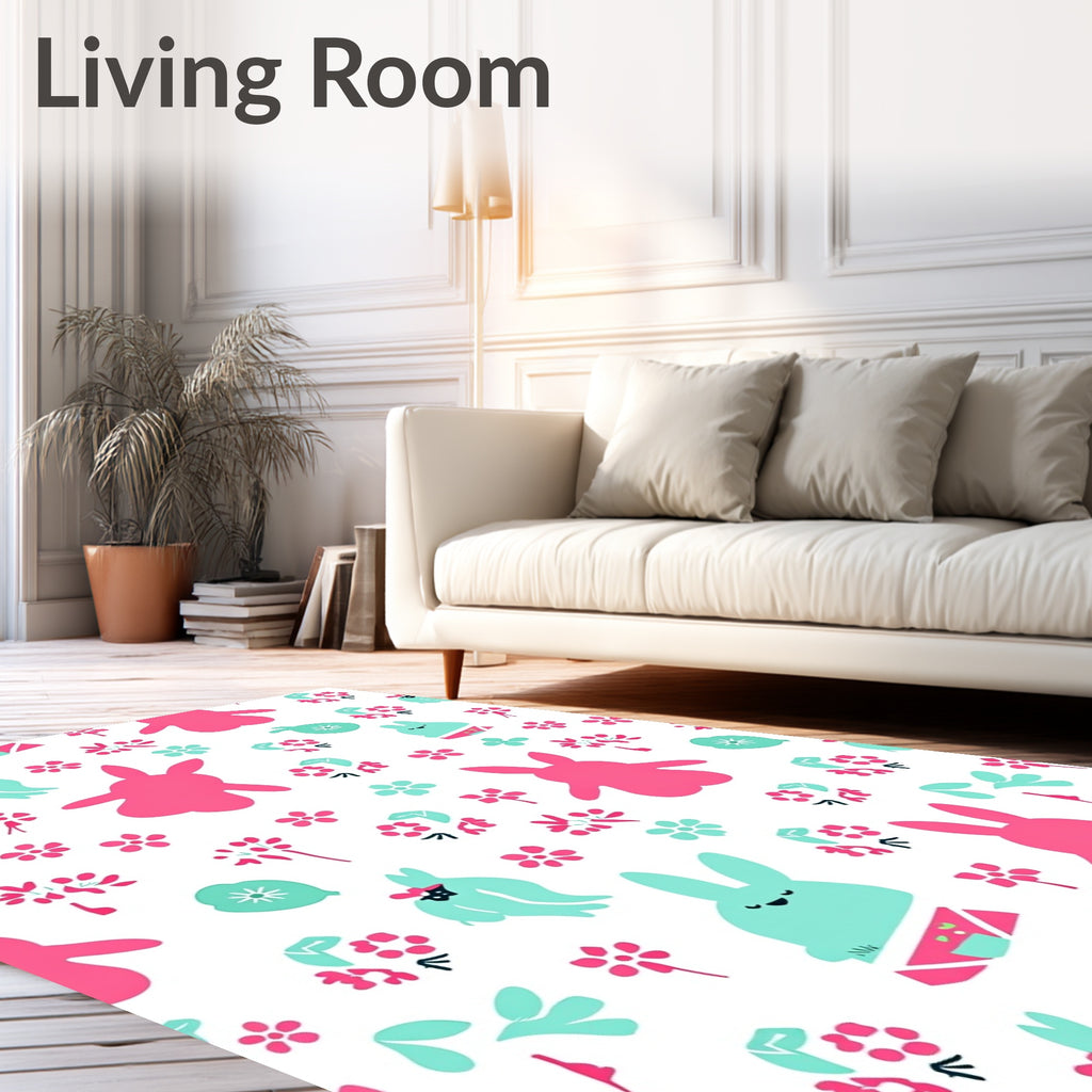 Pink Teal Kawaii Bunny Blossoms Rug