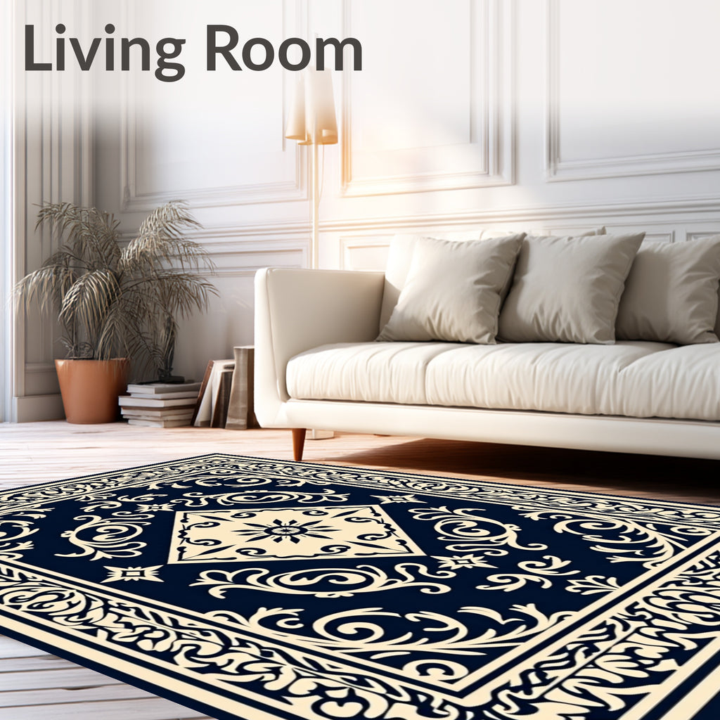 Navy Cream Ornate Scroll Medallion Rug
