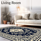 Navy Cream Ornate Scroll Medallion Rug
