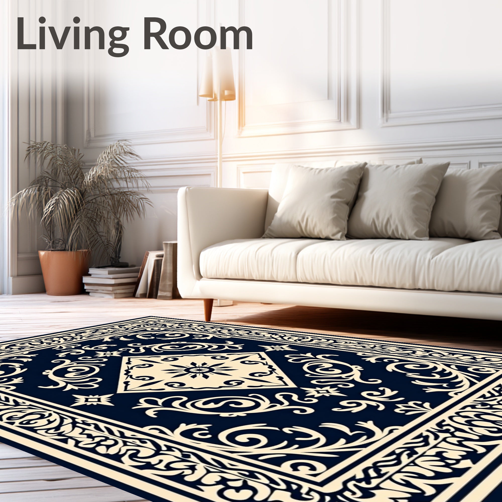 Navy Cream Ornate Scroll Medallion Rug