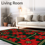 Deep Emerald Red Poinsettia Floral Border Rug