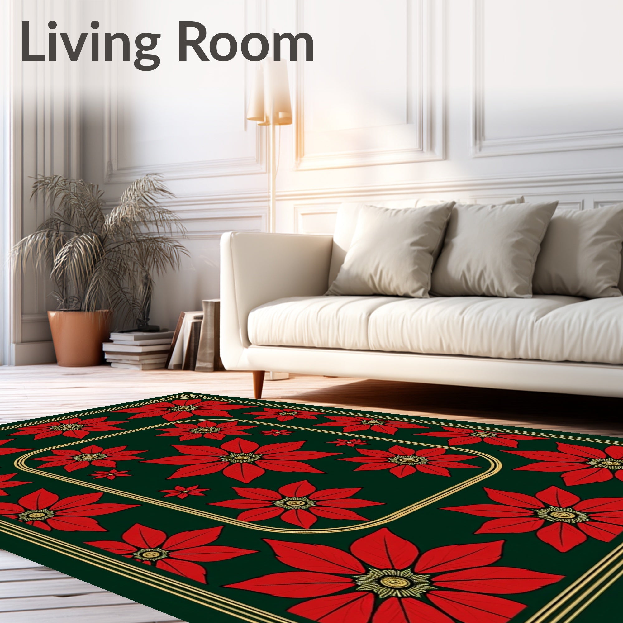 Deep Emerald Red Poinsettia Floral Border Rug