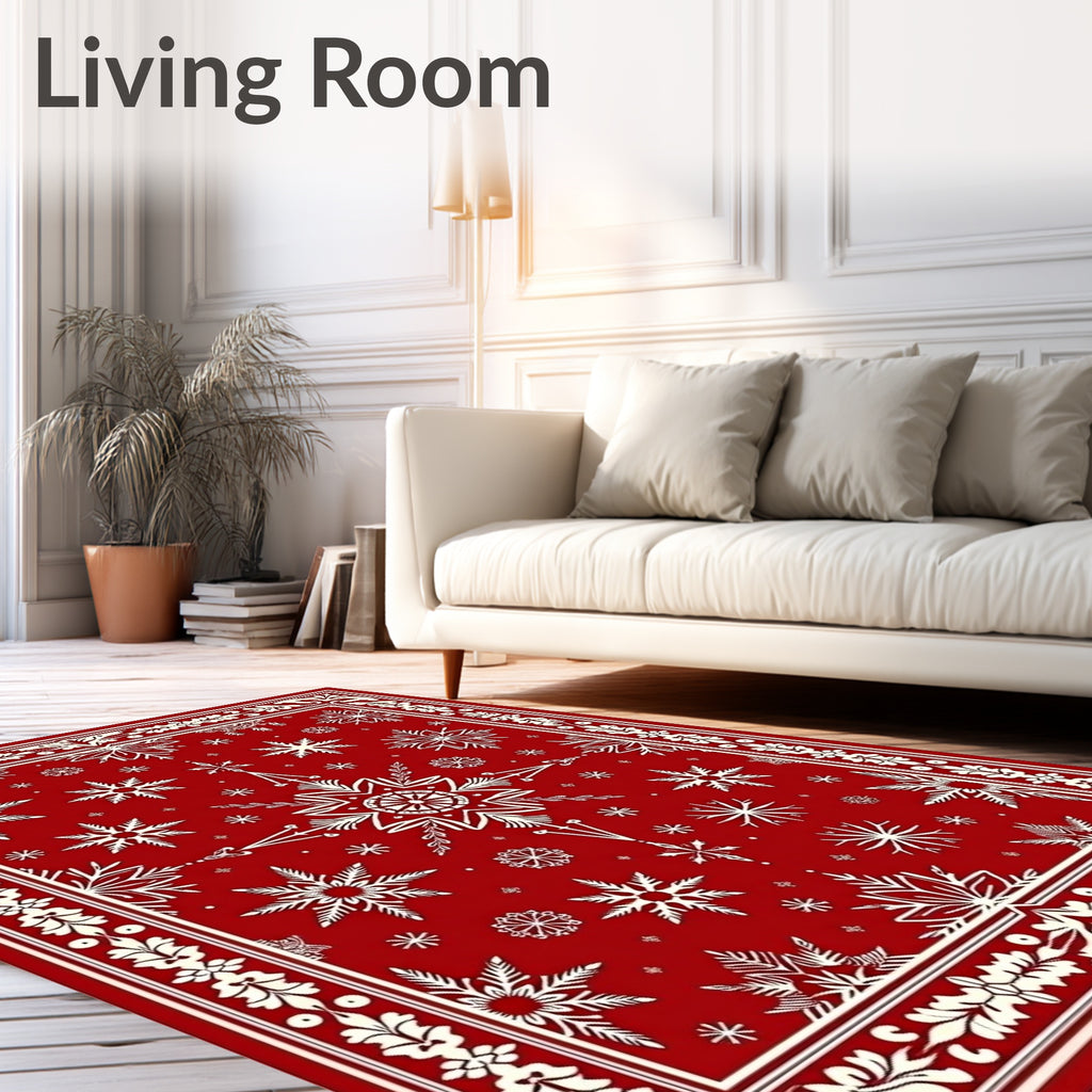 Crimson Snowflake Winter Border Rug