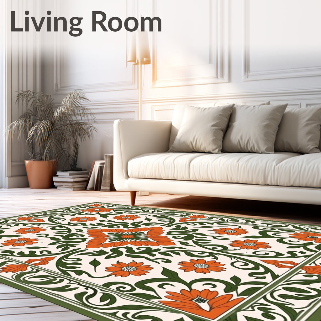 Orange Floral Vine Border Garden Rug