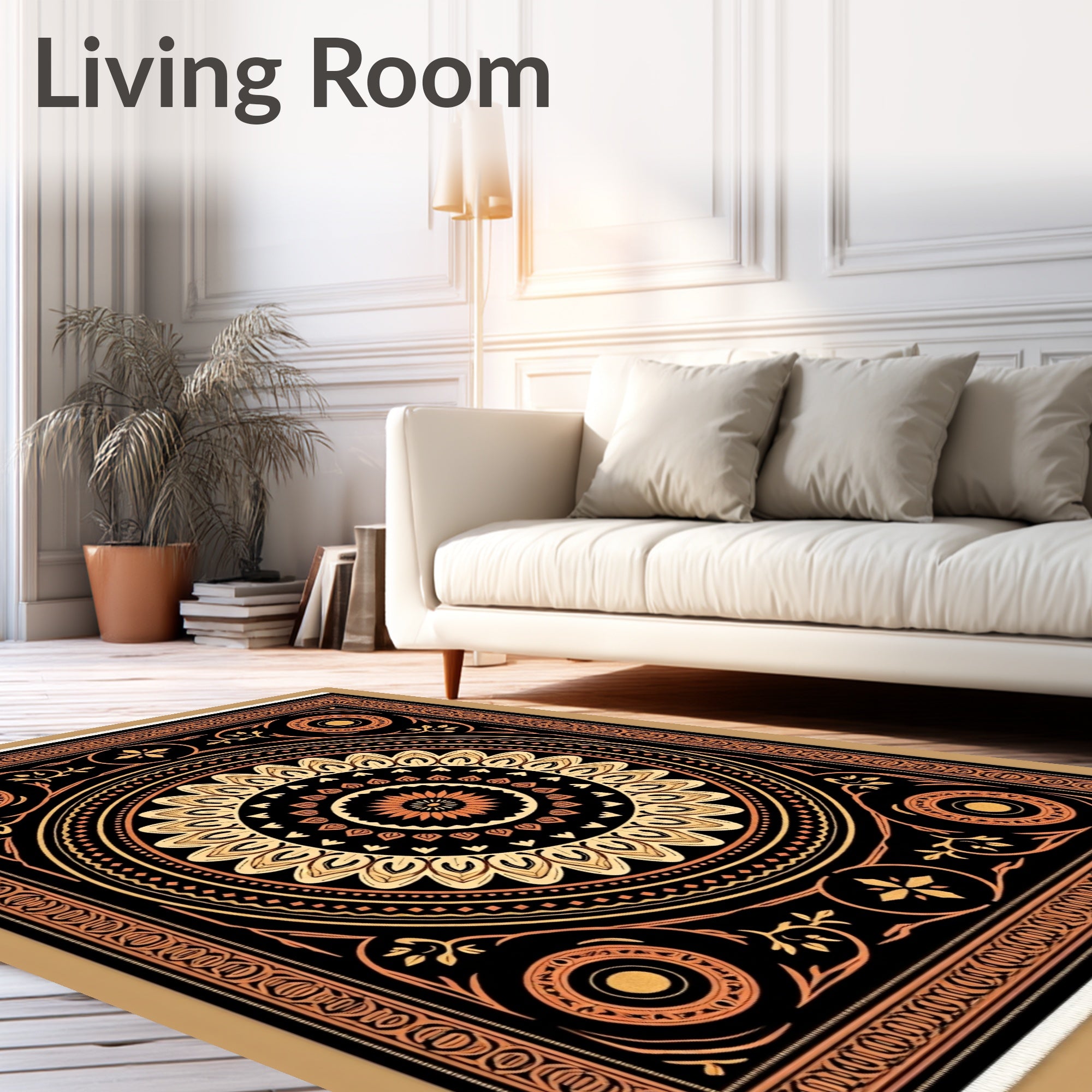 Ornate Black Ochre Mandala Rug