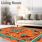 Vibrant Orange Teal Floral Medallion Rug