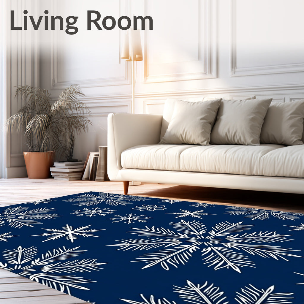 White Snowflake Navy Winter Scene Rug