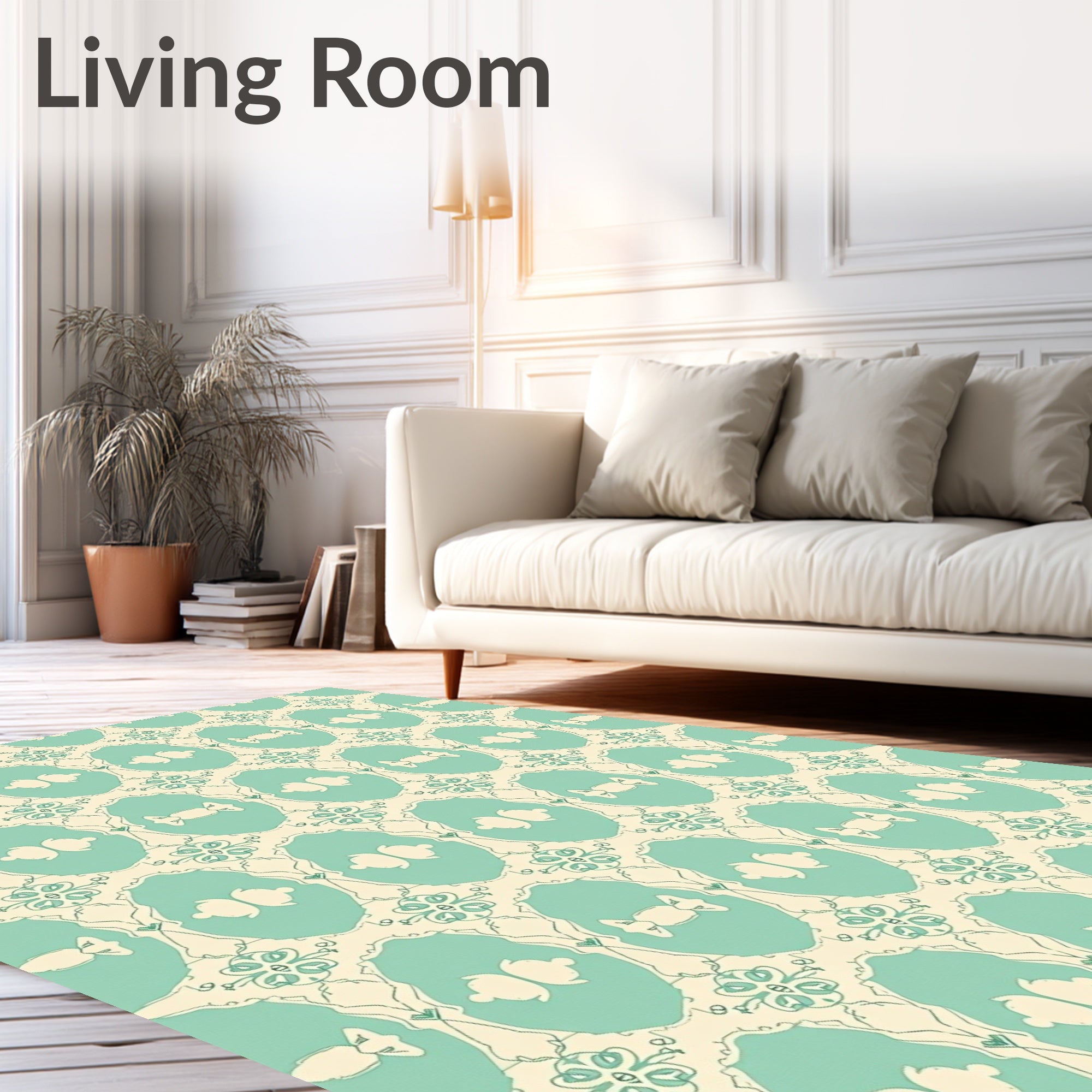Aqua Cream Oval Scroll Floral Rug