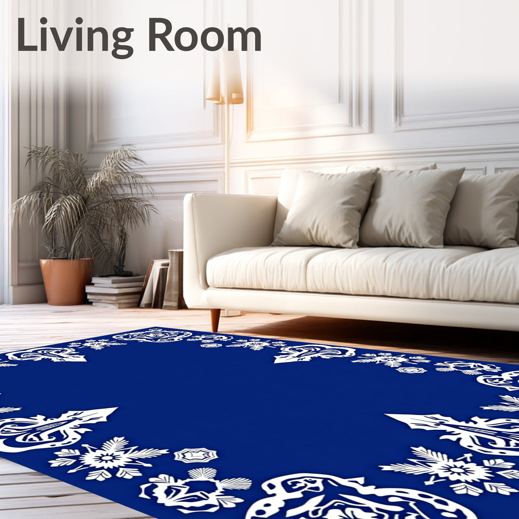 Royal Blue White Ornate Medallion Border Rug