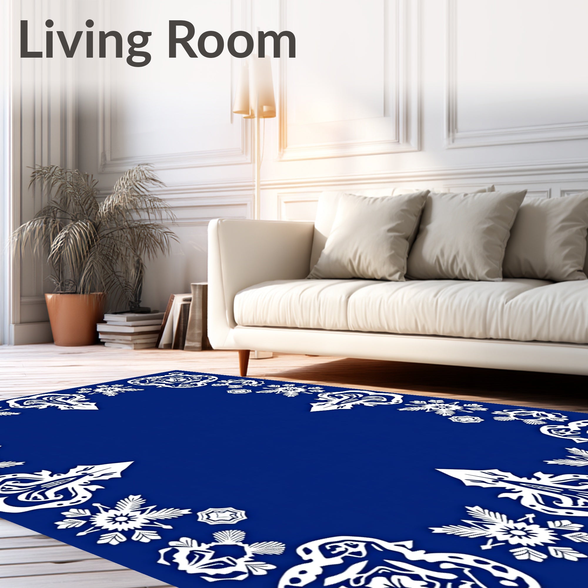 Royal Blue White Ornate Medallion Border Rug