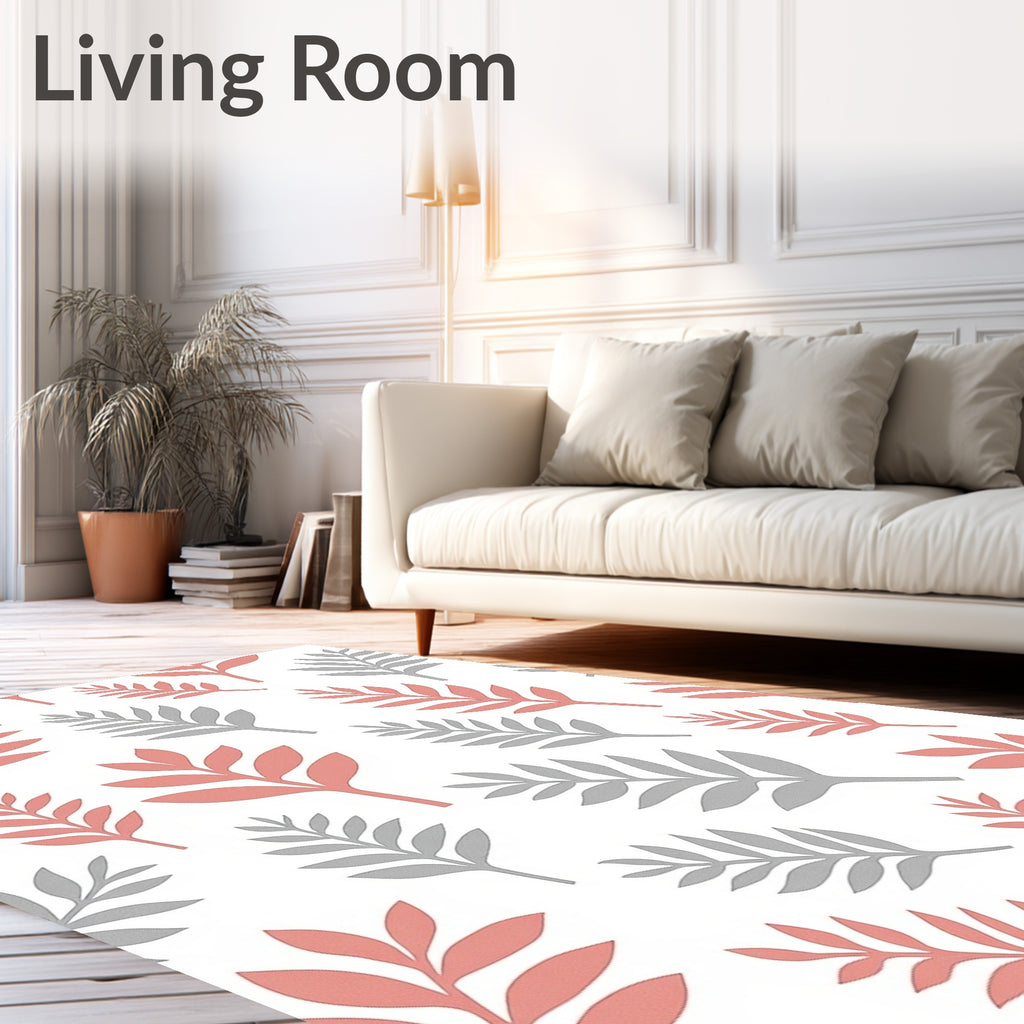 Coral Gray Leafy Branches Scattered Rug