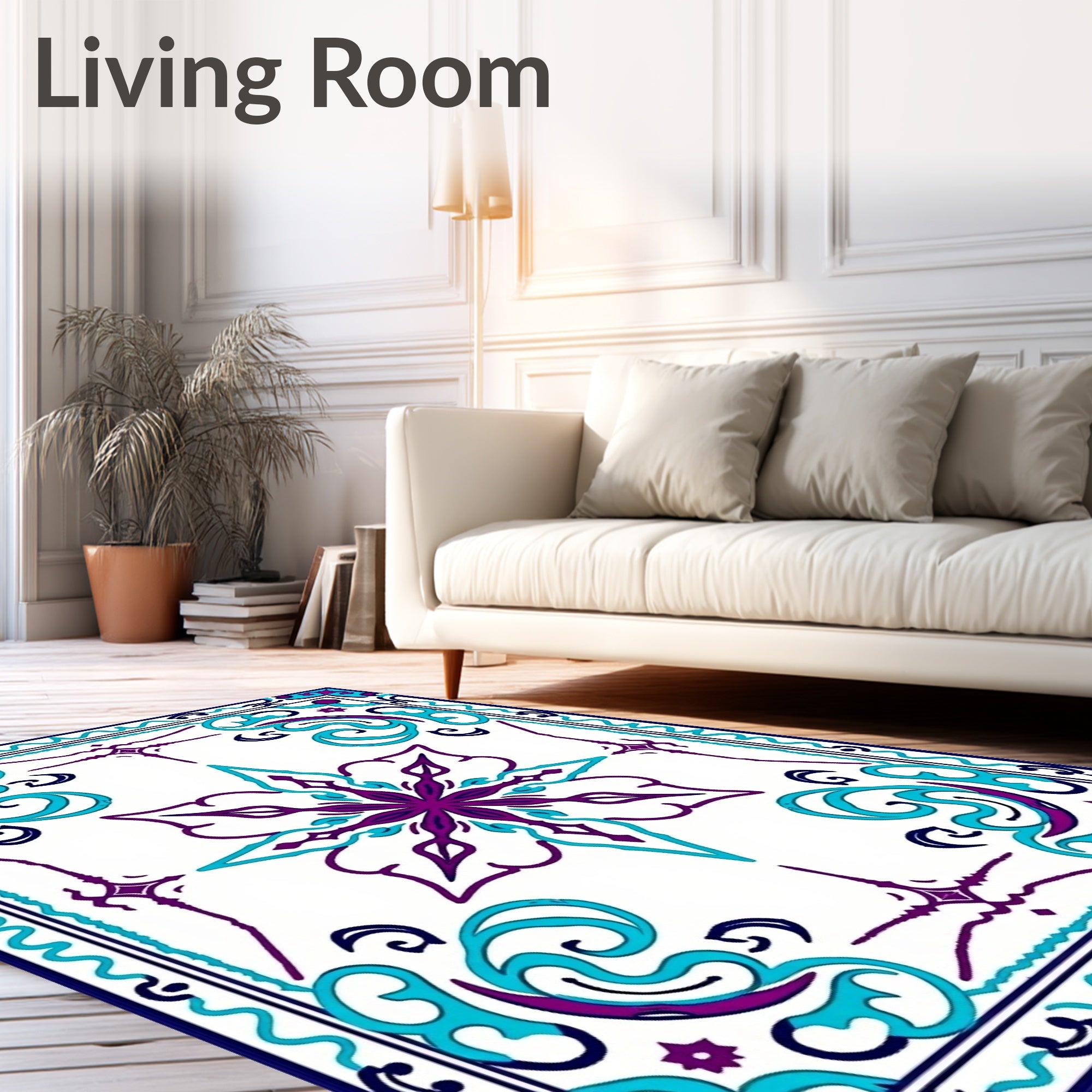 Purple Teal Floral Medallion Border Rug