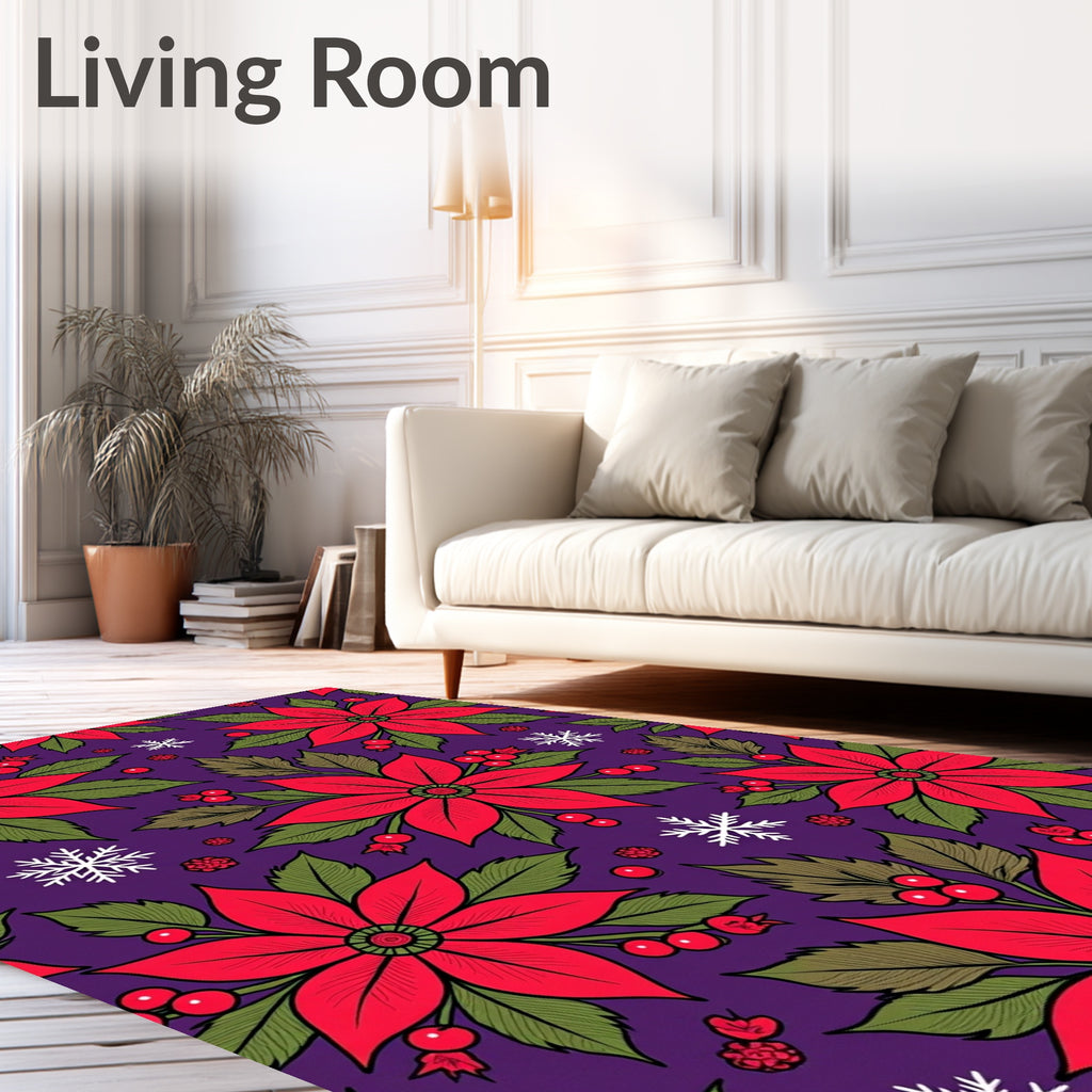 Vibrant Red Poinsettia Snowflakes Purple Rug