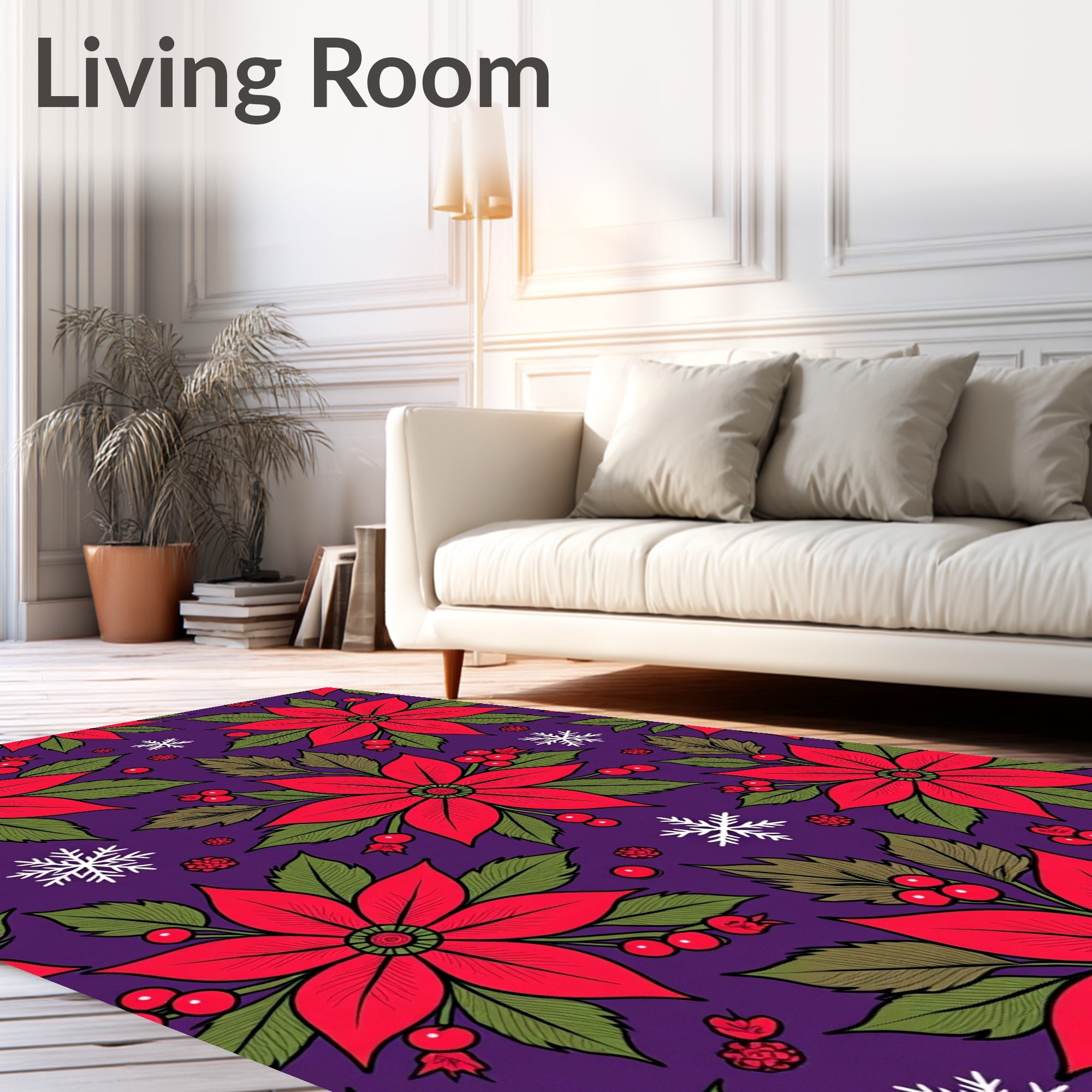 Vibrant Red Poinsettia Snowflakes Purple Rug