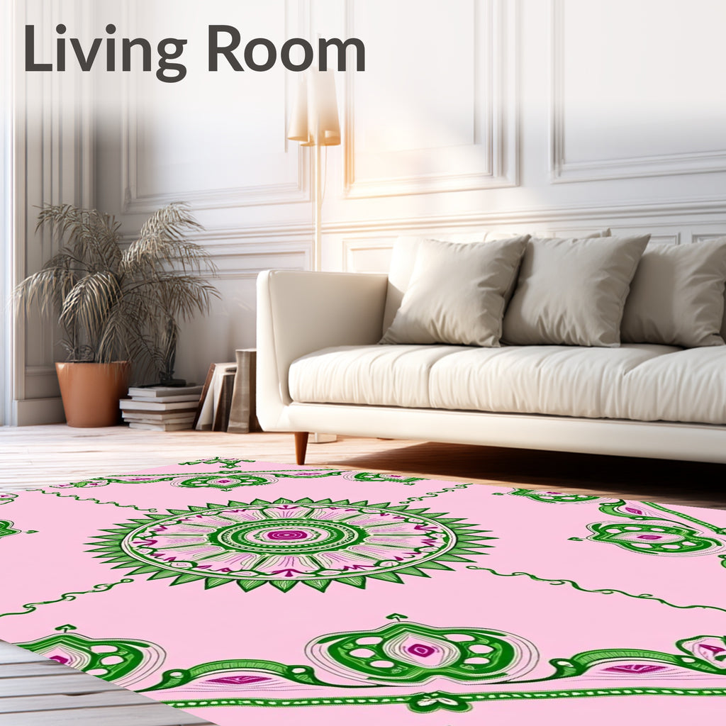 Pink Green Medallion Floral Vine Rug