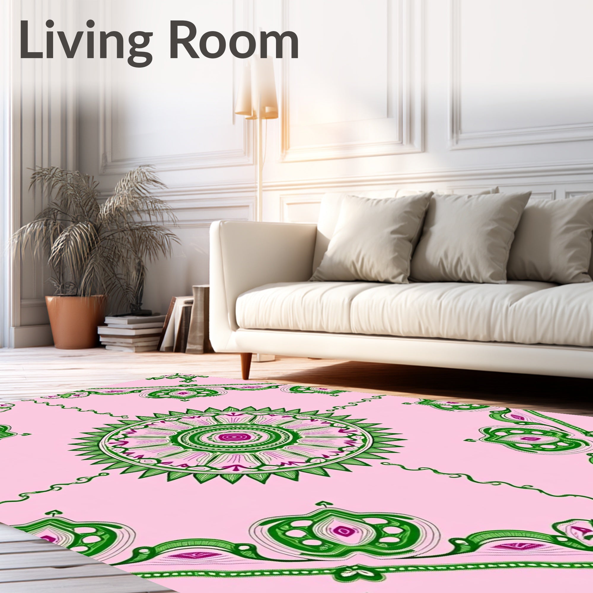 Pink Green Medallion Floral Vine Rug