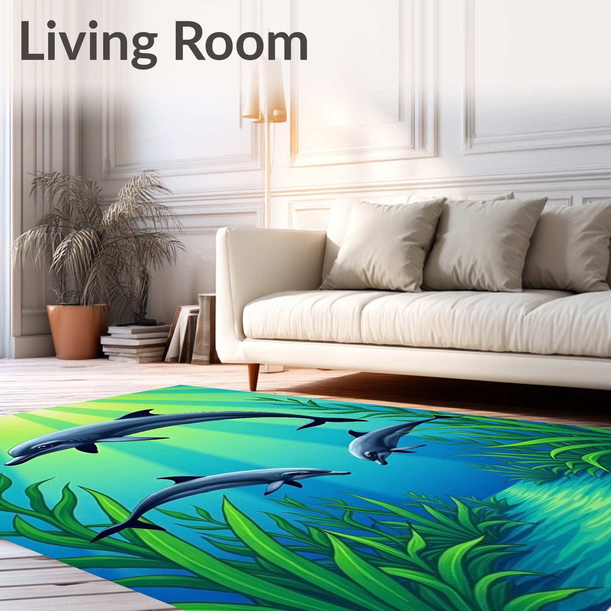 Three Dolphins Under Sunlit Ocean Waves Rug