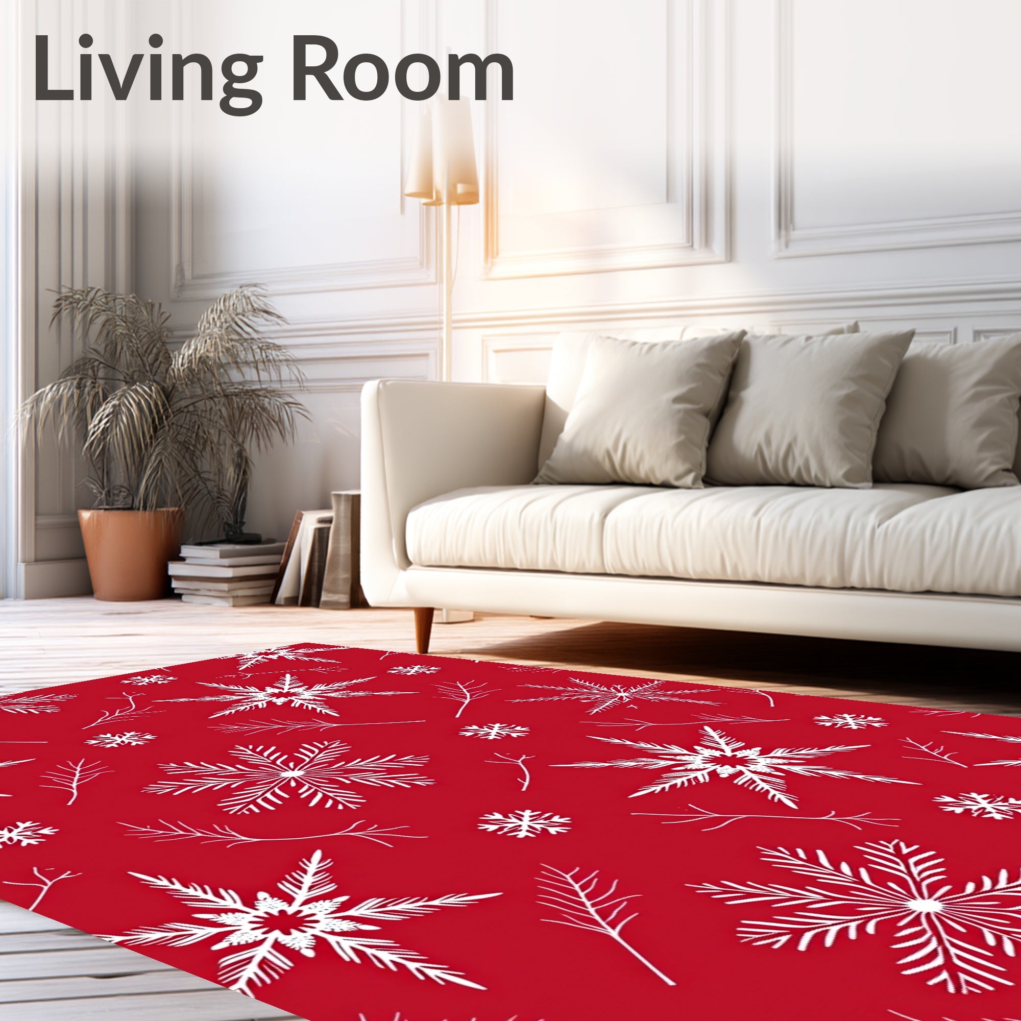 Crimson White Snowflake Winter Branch Rug