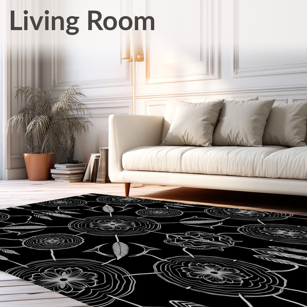 Monochrome Floral Feather Medallion Rug