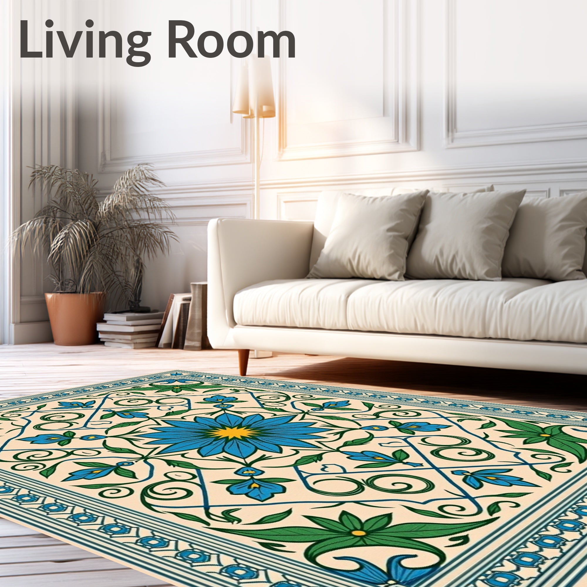 Cerulean Blue Floral Garden Border Rug